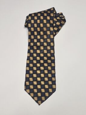 Navy and Gold Checkerboard Silk Tie - Men's Accessories